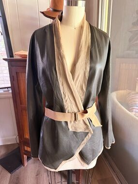 Women's grey soft Leather Open Front Jacket with Cream silk lining